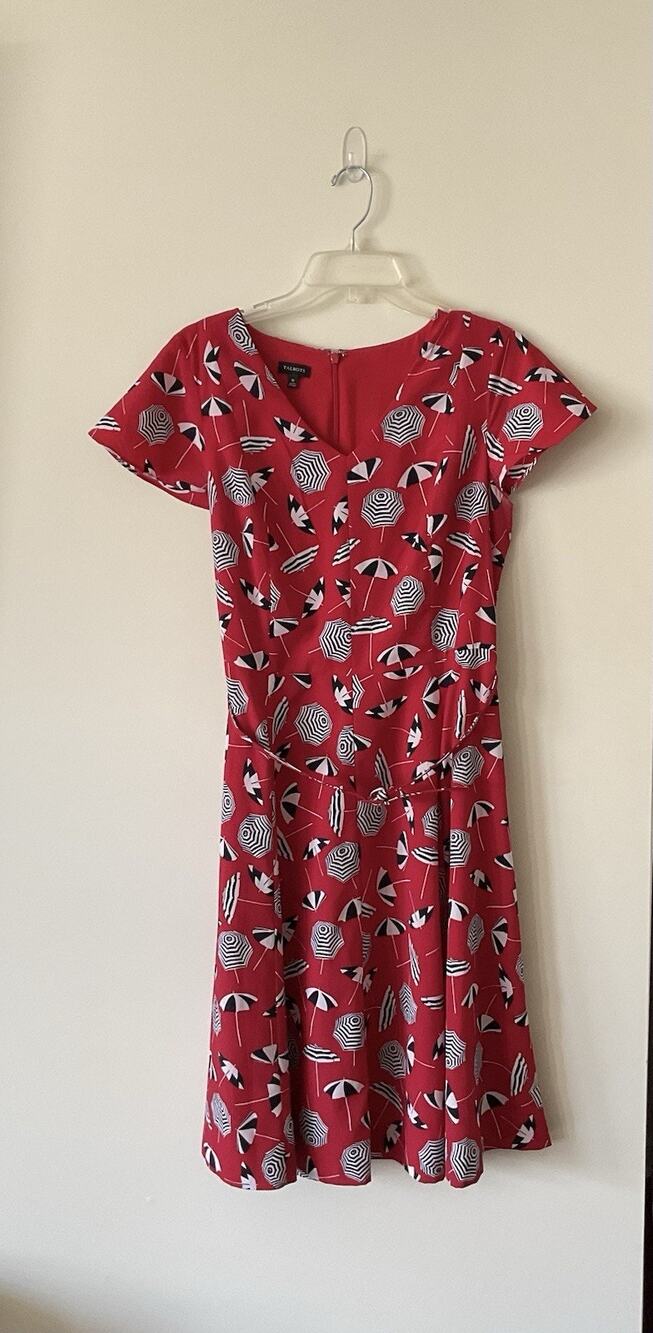 Talbots Red Umbrella Print Fit & Flare V-Neck Short‎ Sleeve Knee Dress, Size 10
